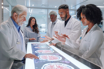 Fototapeta premium Exploring Hand Gestures of Diverse Medical Team Analyzing Brain MRI Scans at Research Center for Alzheimer's Cure