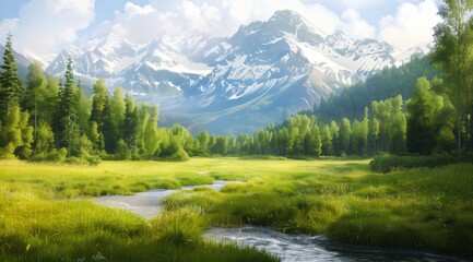 Beautiful green meadow with a stream and forest in the background with snow-capped mountains. High resolution photo with high detail in the style of a hyper-realistic painting. 