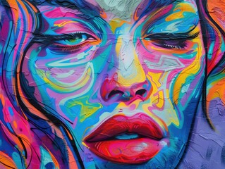 Vibrant and colorful street art portrait of a woman's face, showcasing bold, expressive brush strokes in a striking, abstract style.