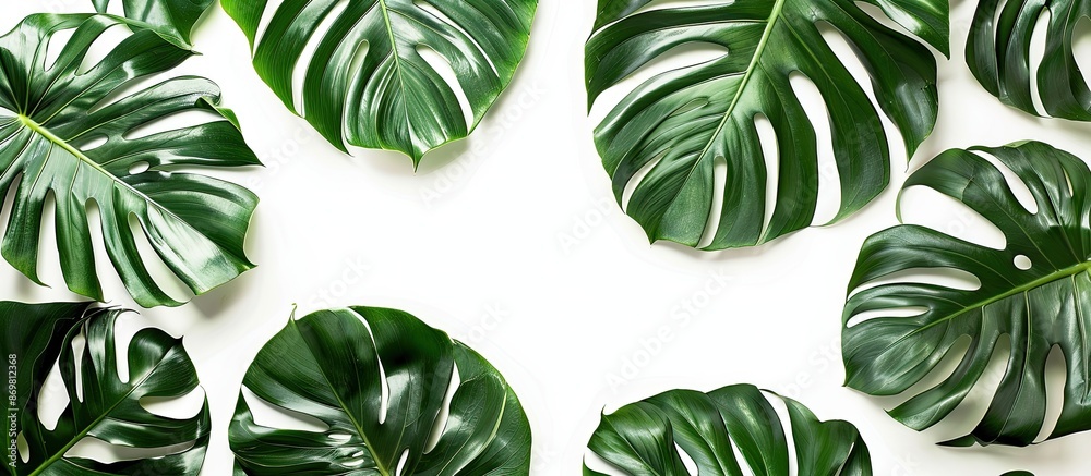 Leinwandbilder monstera leaves on a white background are featured in this tropical botanical copy space image, perf