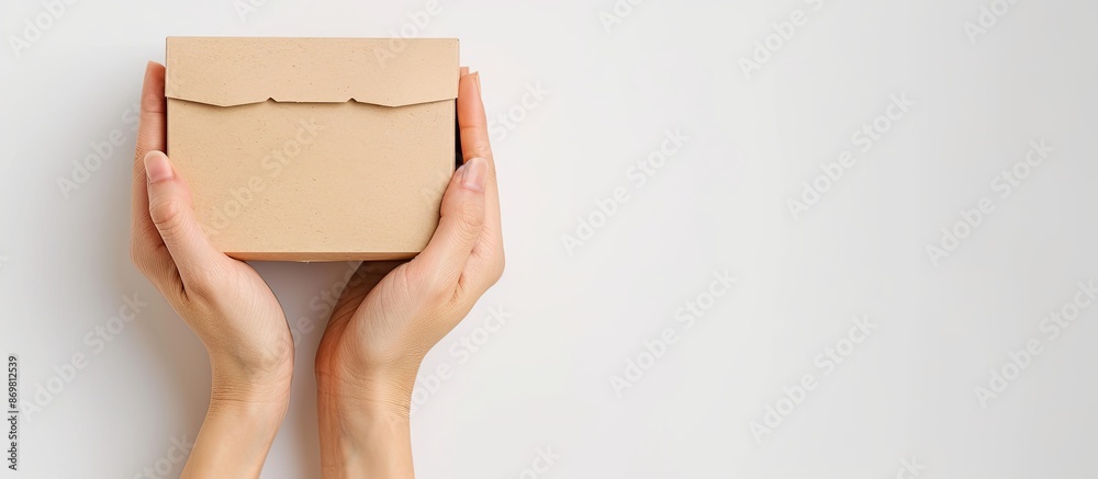 Aufkleber two hands holding a paper cake box against a white background with copy space image.