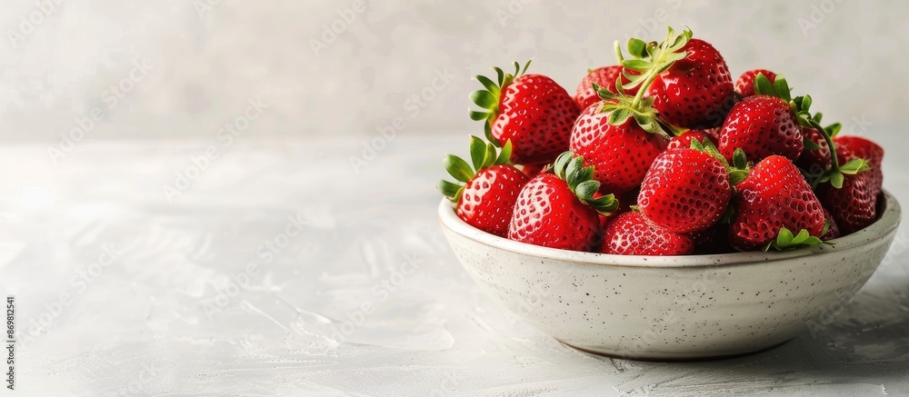 Poster Fresh strawberries piled in a ceramic bowl on a rustic white surface with ample copy space image.