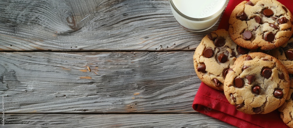 Poster A close-up photo showcasing chocolate chip cookies set against a red napkin on a rustic gray wooden table, perfect for a kids' treat with a glass of milk in a selective focus copy space image.