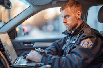 Obraz premium Law Enforcement in Action Police Officer Conducts Background Check and License Verification Inside Squad Car