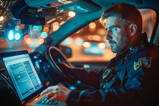 Law Enforcement in Action Police Officer Conducts Background Check and License Verification from Squad Car