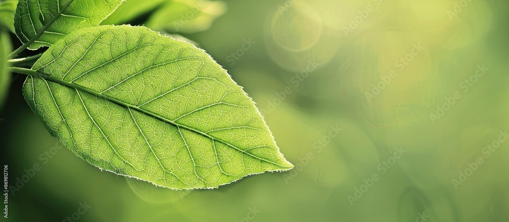 Aufkleber Closeup view of a rich green leaf set against a soft green backdrop, offering ample copy space for a background image.