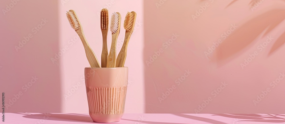 Poster Eco-friendly bamboo toothbrushes displayed in a ceramic glass on a pink surface, emphasizing a zero-waste message with copy space image available.