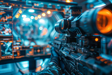 Fototapeta premium Virtual Warfare FPS Space Shooter Tournament Live Stream featuring Flying Robot Battles on a Spaceship