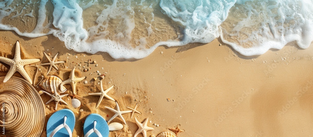 Aufkleber Sandy beach and flip flops create a summer-themed setting with ample copy space image potential.