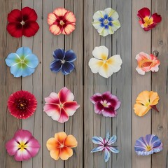 Fototapeta premium Different flowers on the wooden background top view
