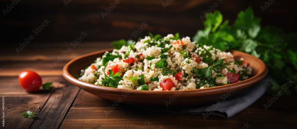 Poster tabbouleh salad made with couscous, feta cheese, tomatoes, basil, and chili placed on a wooden table