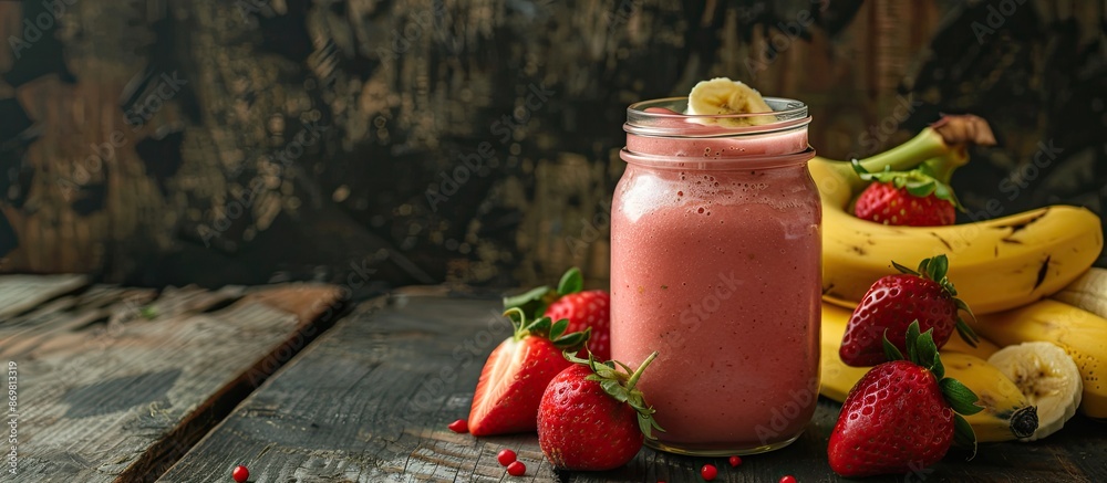 Poster copy space image of a tasty homemade smoothie with strawberries and bananas in a jar on a wooden bac