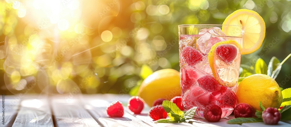 Poster Close-up photograph of a refreshing lemonade with raspberries placed on a white wooden table outdoors, ideal for adding text with copy space image.