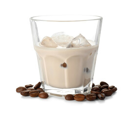 Glass of coffee cream liqueur with ice cubes and beans isolated on white