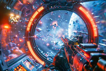 Obraz premium Virtual Battlefields Immersive FPS Gameplay on Spaceship Against Flying Robots in e-Sports Tournament Live Stream