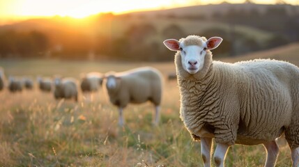 Sheep in golden hour pasture. Serene scene of a sheep with its flock at sunset. Ideal for...