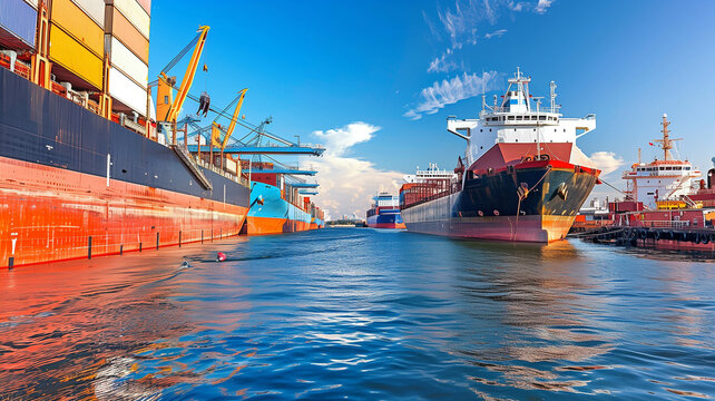 A bustling port with cargo ships lined up, loaded with goods ready for export, under a clear blue sky