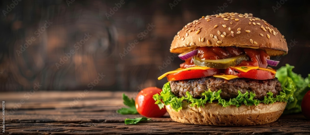 Poster classic american hamburger featuring meat, cheese, and assorted veggies on a dark rustic backdrop wi