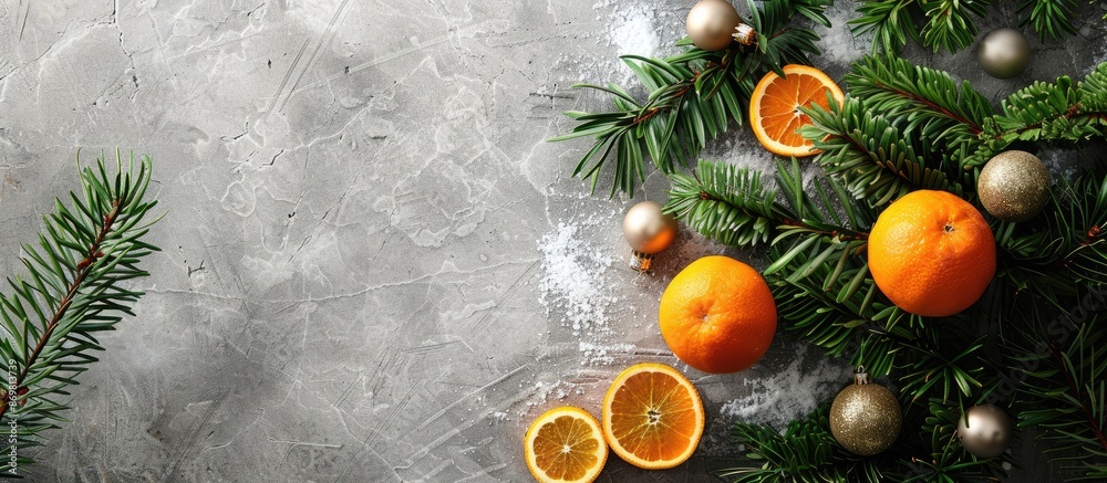 Aufkleber Top view of a Christmas background featuring a stone surface adorned with snow, a fir tree, and tangerines, creating a festive display with room for additional content.