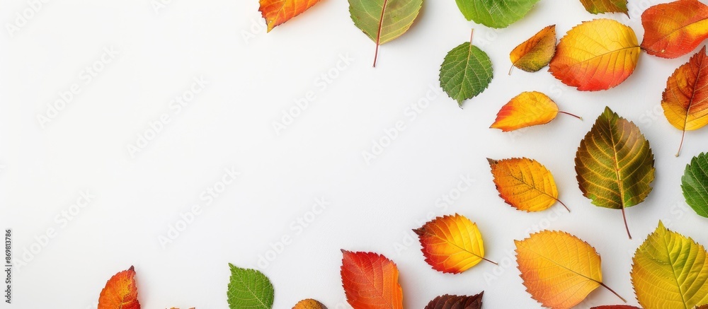 Aufkleber A flat lay image displaying yellow, green, and red autumn leaves on the right side of a white background, allowing for text to be added in the copy space image.