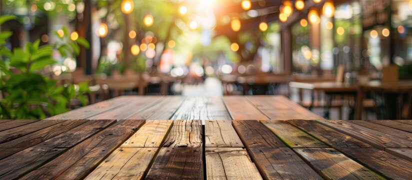Focus on an empty wooden table with a blurred coffee shop background featuring bokeh effect for product display with copy space image.