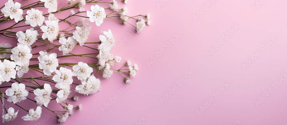 Aufkleber Gypsophila flowers displayed on a soft-colored backdrop with a flat lay composition and top view perspective, providing an empty space for additional images or text.