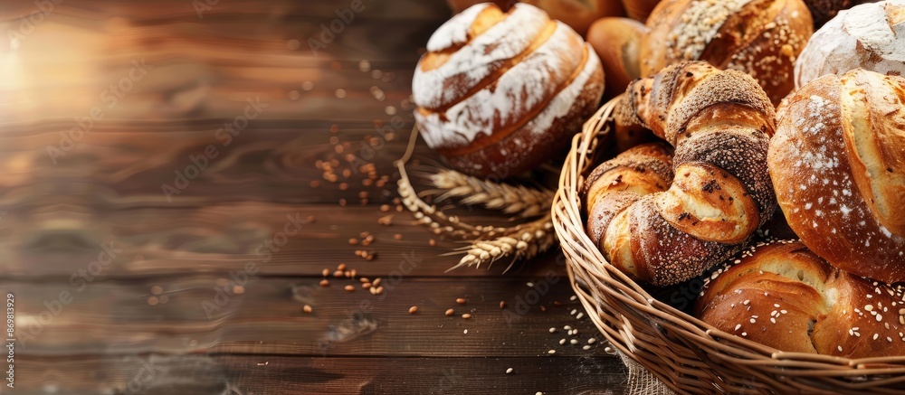 Poster Composition of various types of bread in a wicker basket with copy space image.