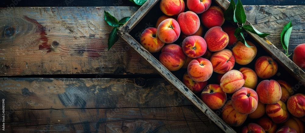 Poster ripe organic peaches piled on a wooden tray background with top view and close-up shot, emphasizing 