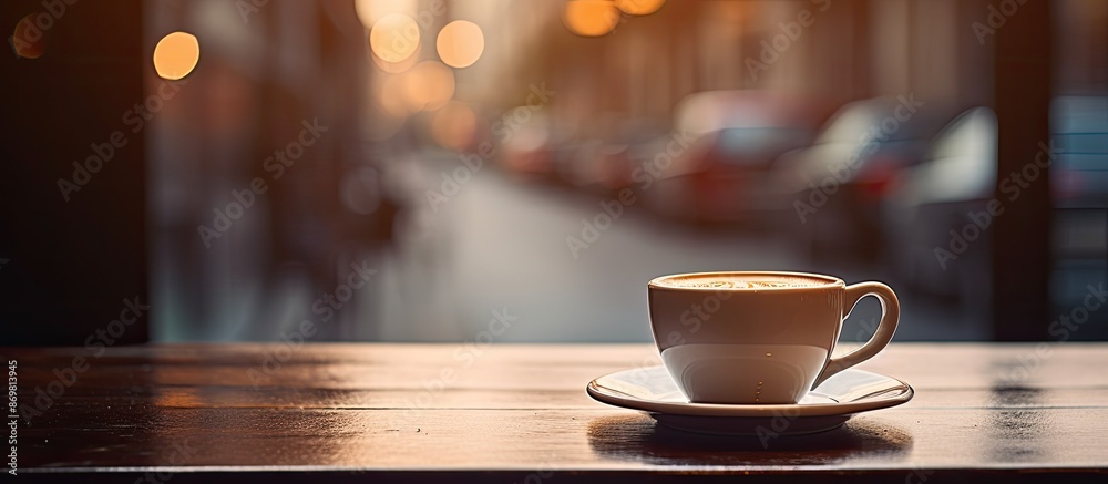 Poster coffee cup on a table in a cafe, showing copy space image.