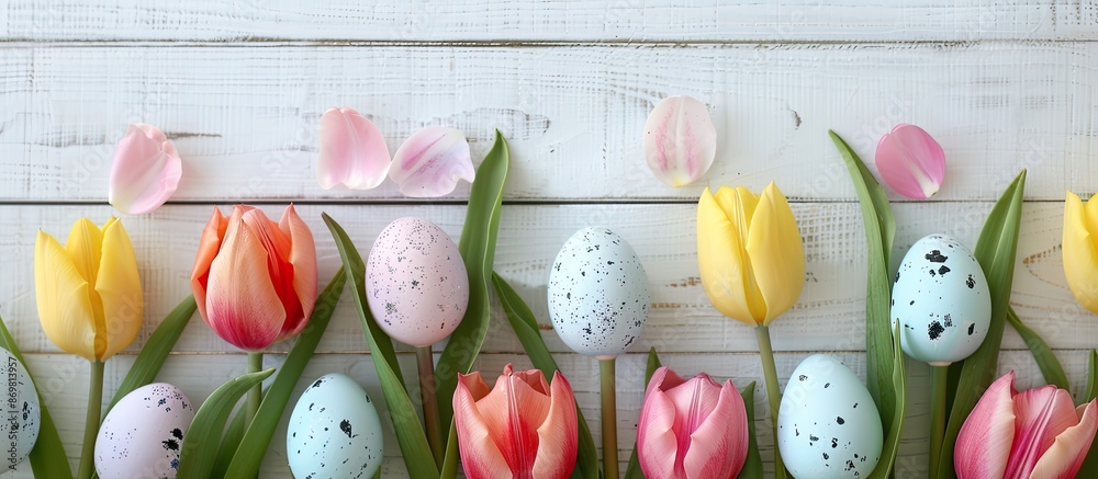 Poster easter eggs nestled alongside tulips on white wood. top-down view for an easter card with copy space