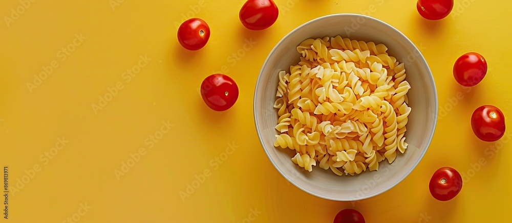 Poster copy space image featuring cavatappi pasta in a bowl on a yellow background with bright red tomatoes