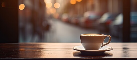Fototapeta premium Coffee cup on a table in a cafe, showing copy space image.