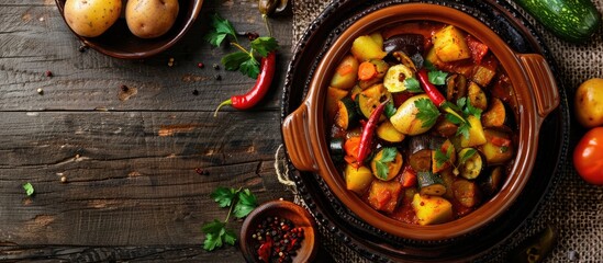 A traditional Moroccan and Algerian vegetarian tajine dish with potatoes, eggplants, zucchini, and peppers is displayed in the copy space image.