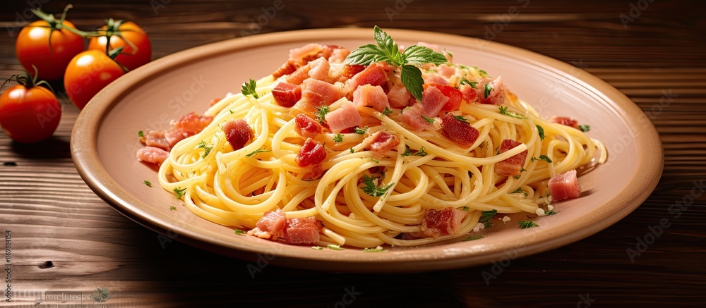 Aufkleber Image of Spaghetti Carbonara with ham and bacon on a plate, set on a wooden table, with a background designed for adding text or other elements.