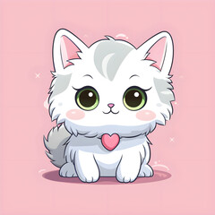 Fluffy cat with heart on pink background