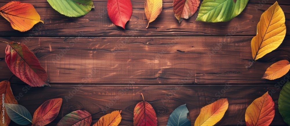 Leinwandbilder a background composition featuring colorful leaves on brown wooden boards with copy space image for 