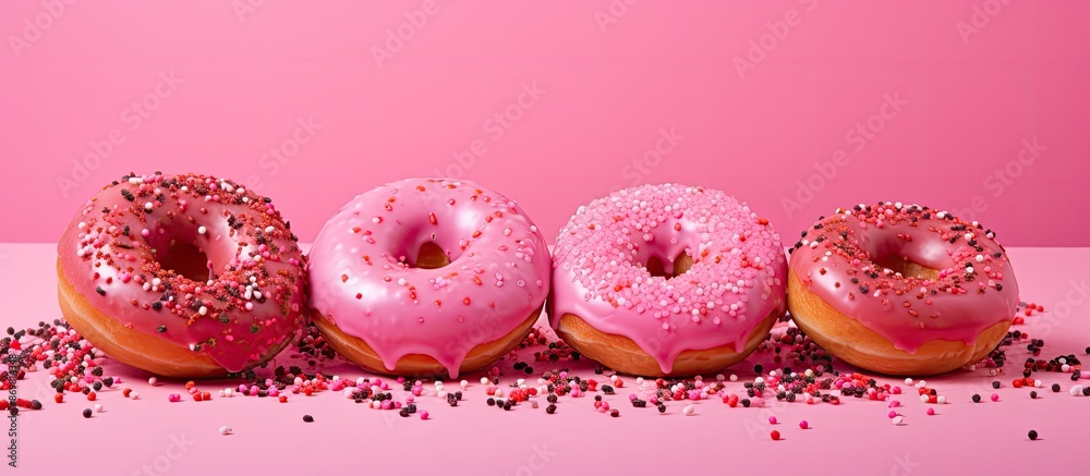 Aufkleber a vibrant pink background complements iced doughnuts with sprinkles, creating a visually appealing s