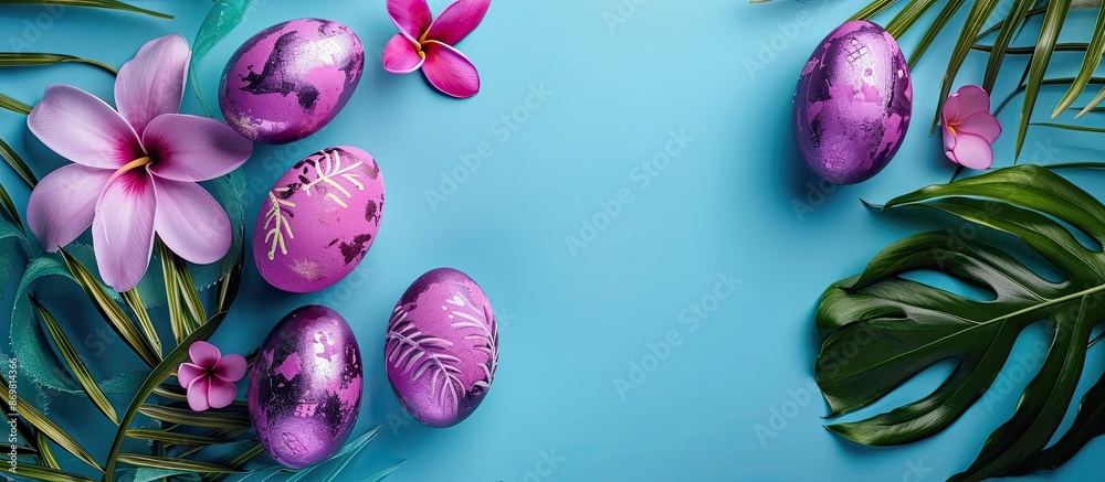 Poster top view of a purple easter eggs arrangement on a blue backdrop with tropical leaves and flowers, cr