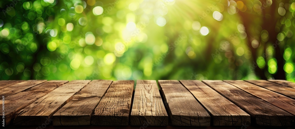 Poster wooden deck table with a blurred green background, ideal for showcasing products in a copy space ima