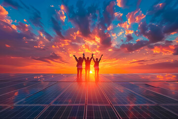 Fototapeta premium Sunset Skies Capturing the Beauty of Solar Power Generation with Photovoltaic Panels