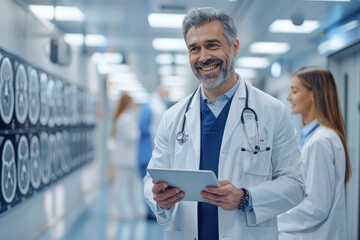 Latin Doctor on the Move Surgeon Smiling Reviewing Brain MRI Images with Tablet in Hospital Corridor