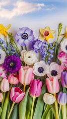 flat lay pink purple blue and white spring flowers background tulips anemones daffodils blooms