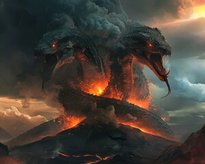 Mythical Two Headed Serpents Coiling Around Volcanic Peak Emitting Plumes of Smoke and Ash