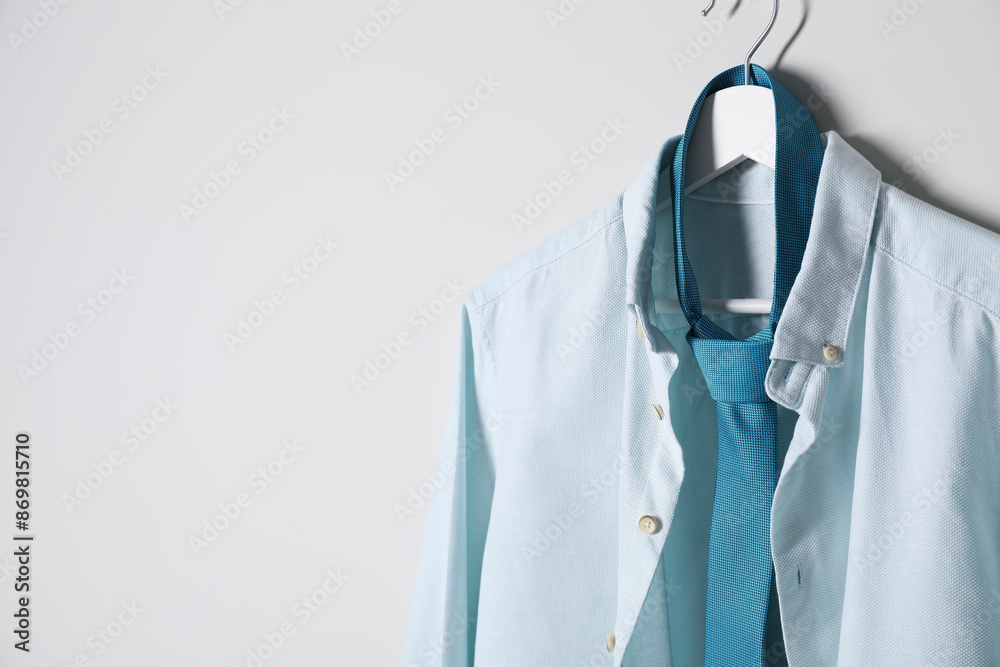 Canvas Prints Hanger with stylish shirt and turquoise necktie on light wall, space for text