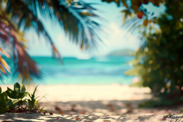 Fototapeta premium A blurry image of a beach with palm trees and a blue ocean, generative ai image.