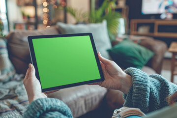 Digital Diva Woman Relaxing on Couch Holding Tablet with Green Screen Watching Videos and Reading Social Media Posts