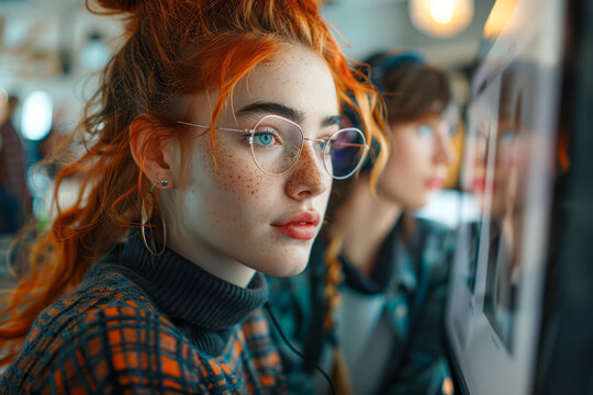 Creative Female Art Director Collaborates with Designer in Photo Editing for Portrait at Stylish Loft Office Showcasing Cool and Innovative Vibes