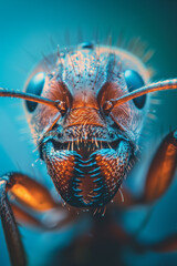 Ant Blue-Tinted Close-Up of Mandibles and Eyes with Detailed Texture