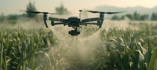 A drone sprays pesticides on a green field, capturing an agricultural scene, focusing on modern farming practices with Drones and crop protection