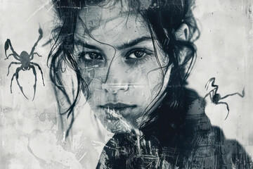 Fototapeta premium Sleek and Serene Minimalist Portrait of Woman Surrounded by Scorpions